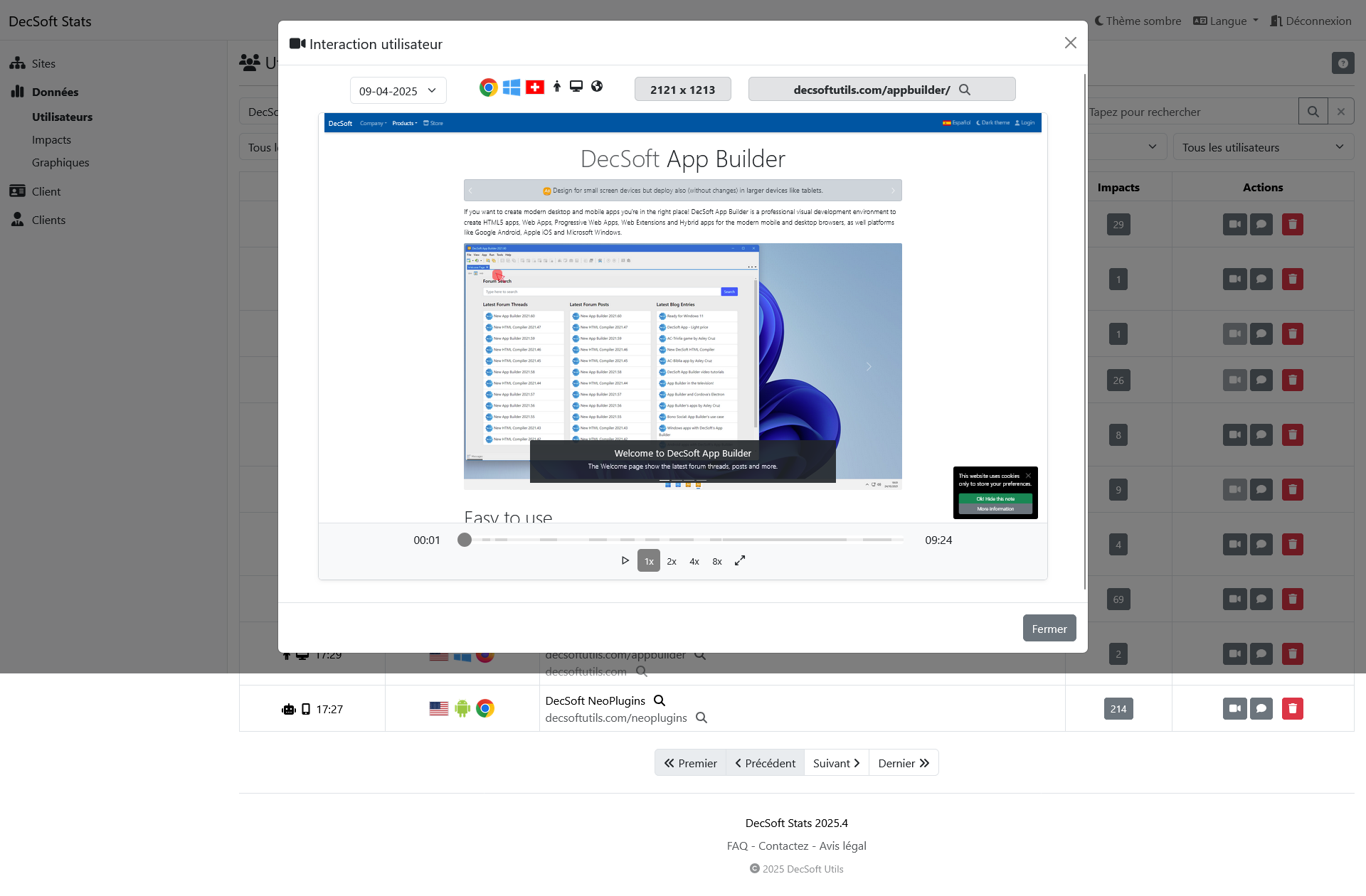 Tableau de bord client DecSoft Stats