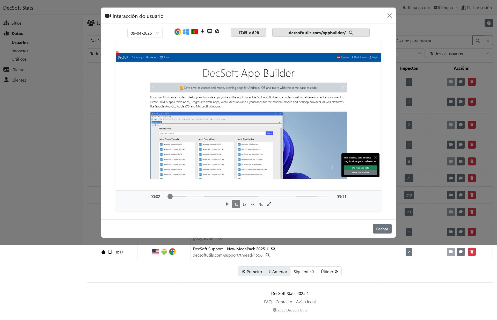 Taboleiro de control de clientes de DecSoft Stats