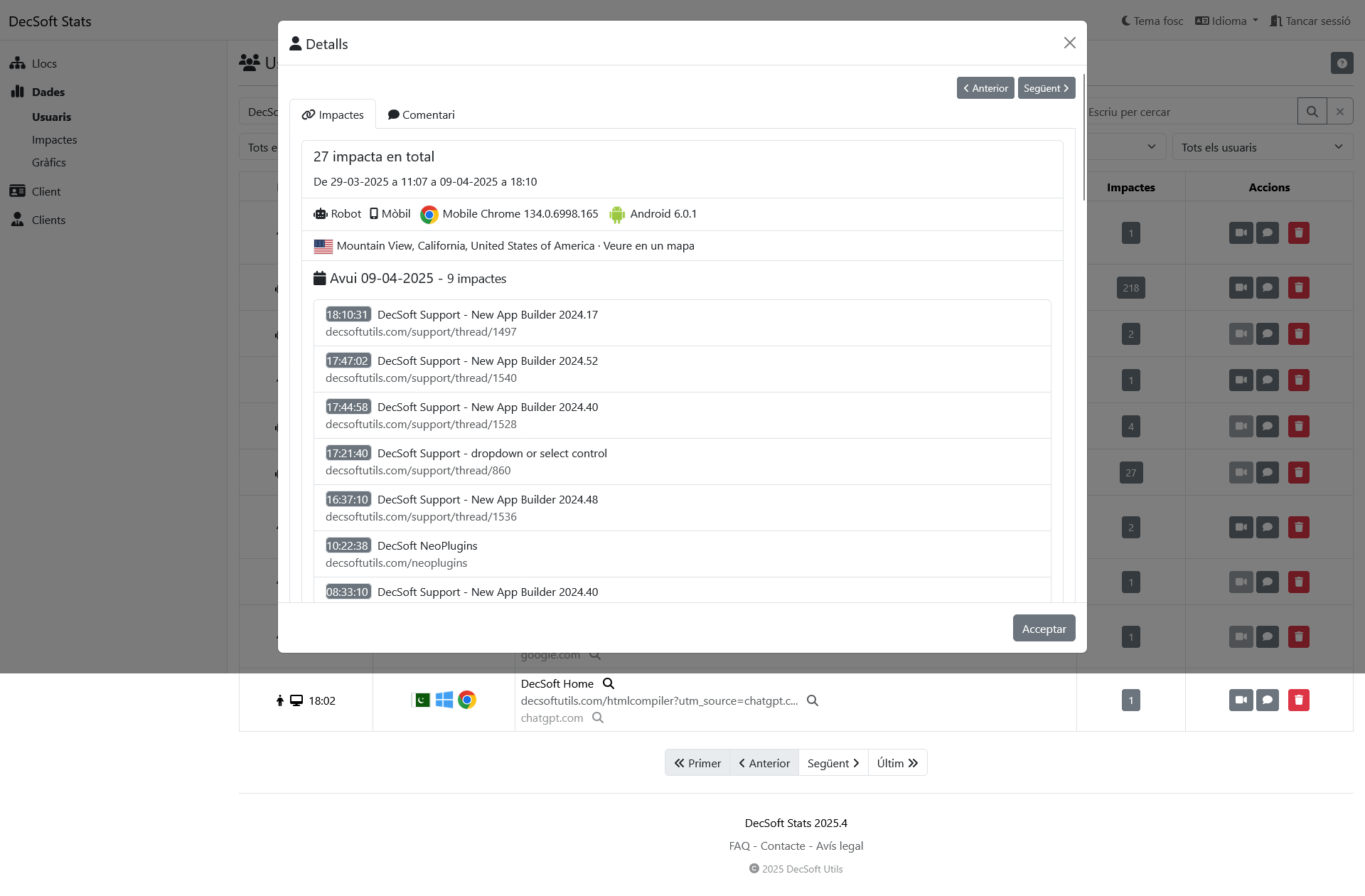 Tauler de control de clients de DecSoft Stats