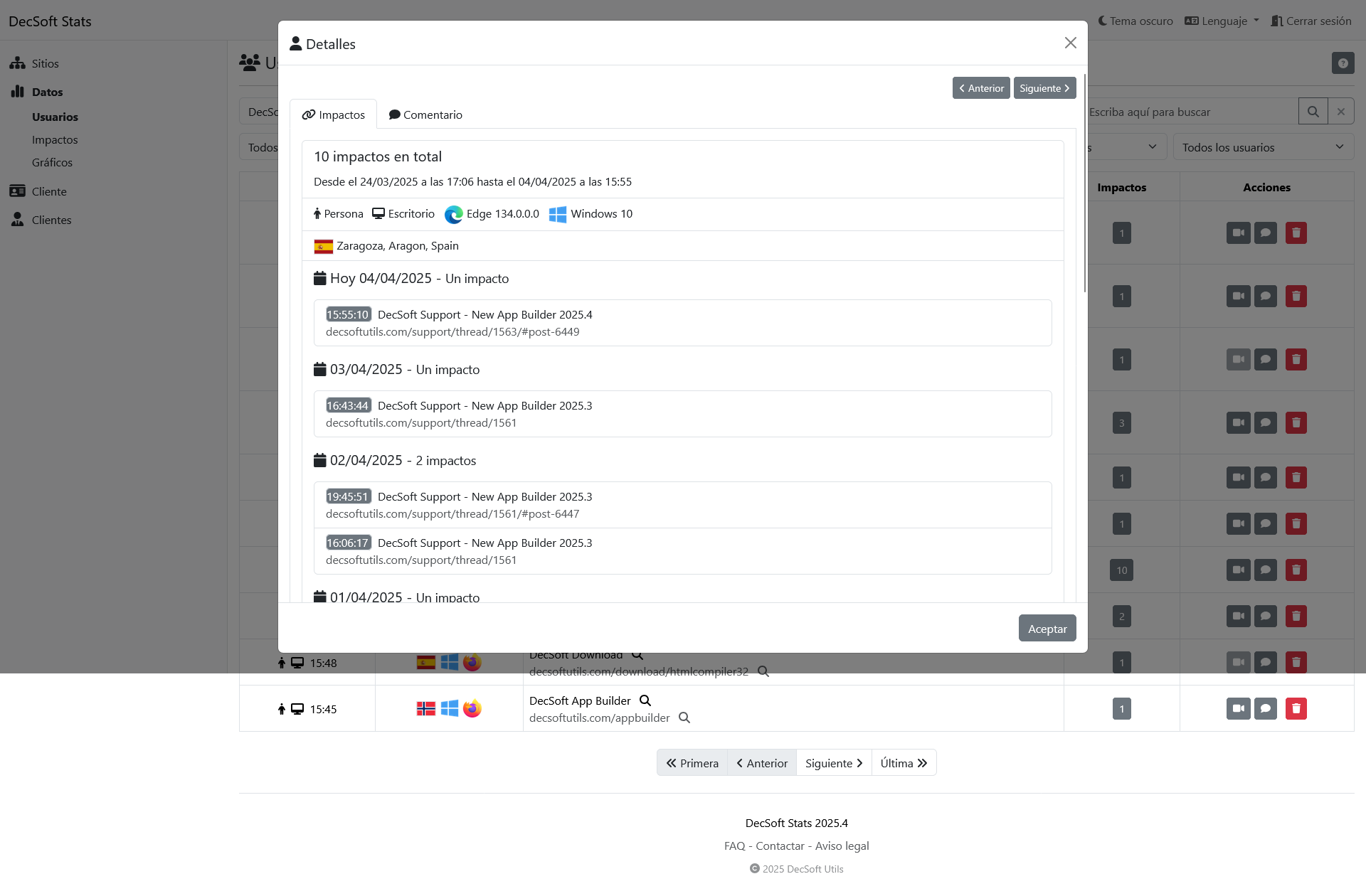 Panel de control de clientes de DecSoft Stats